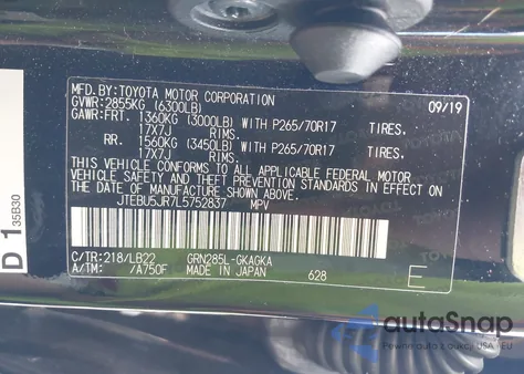 2020 Toyota 4Runner Sr5/Sr5 Premium/Venture/Limited/Night Shade/Trd Off Road/Trd Off Road Premium/Trd Pro z USA, uszkodzony, nr VIN JTEBU5JR7L5752837